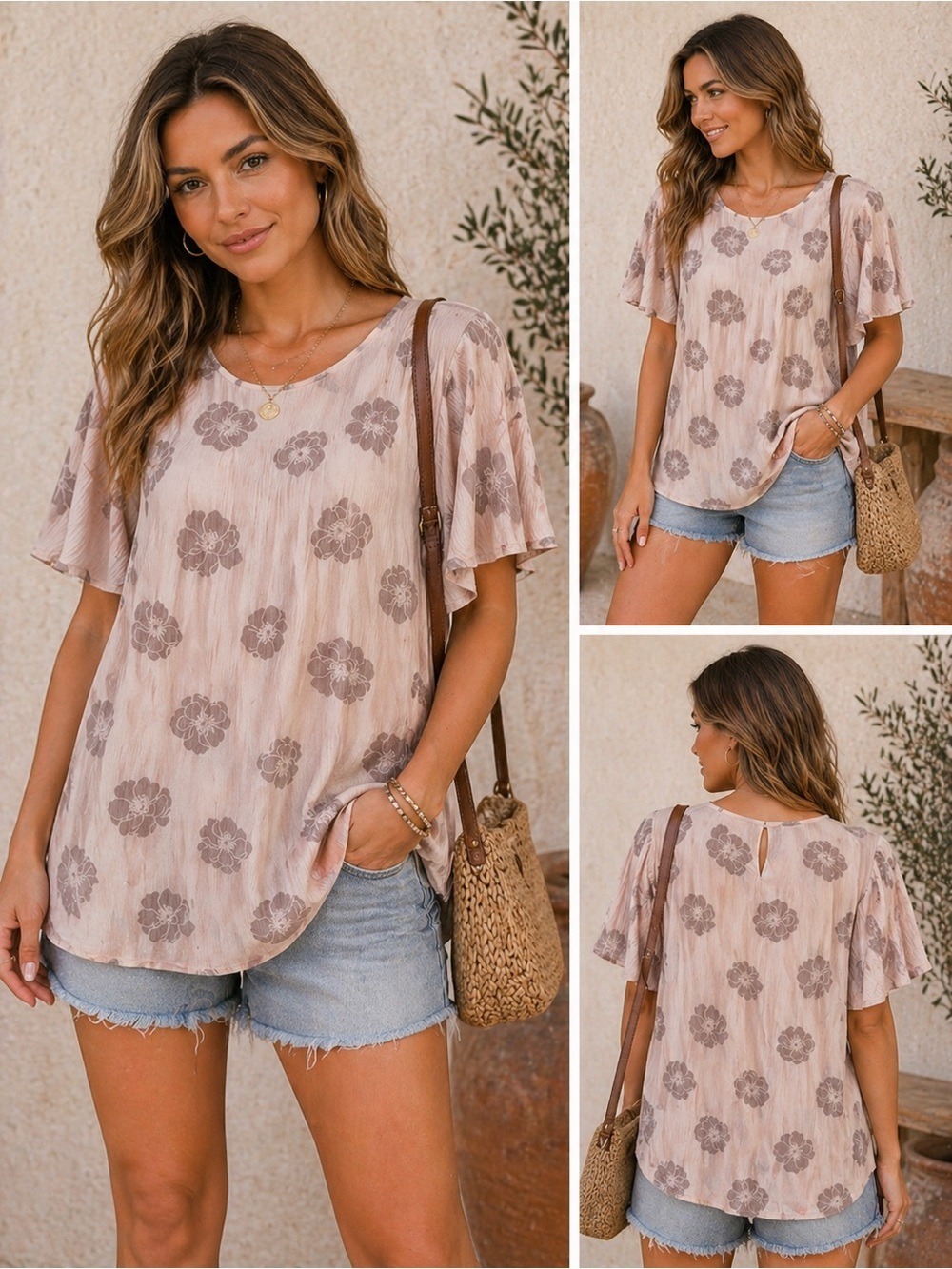 bohme Cream Blouse with Brown Rose Print Size M